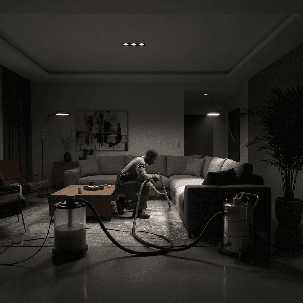 Professional cleaner using specialized equipment on residential upholstery