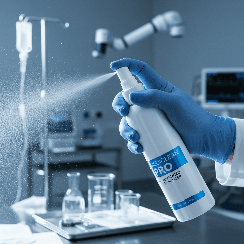 Gloved hand holding SparkleClean Disinfectant bottle