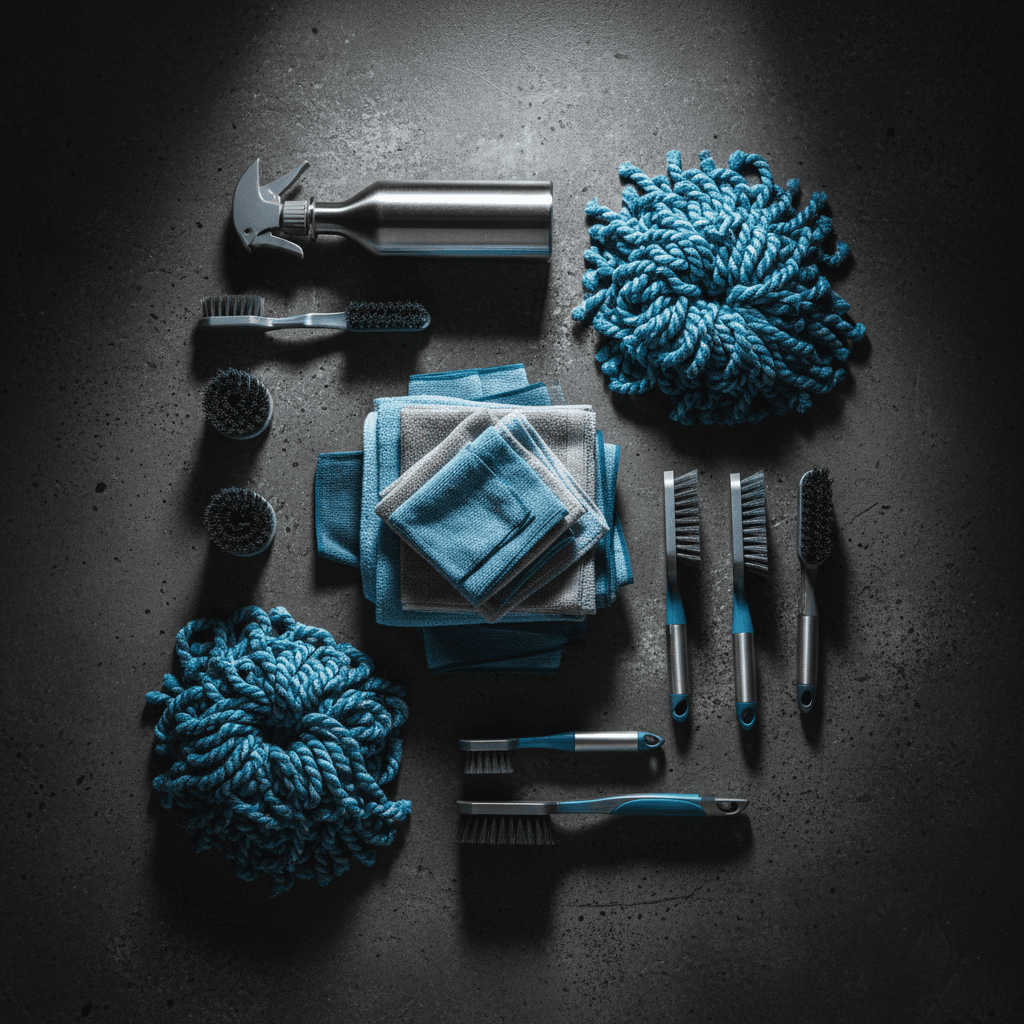 Professional-grade cleaning equipment and supplies arranged