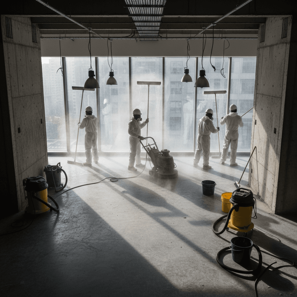 Professional crew performing deep cleaning in newly constructed building
