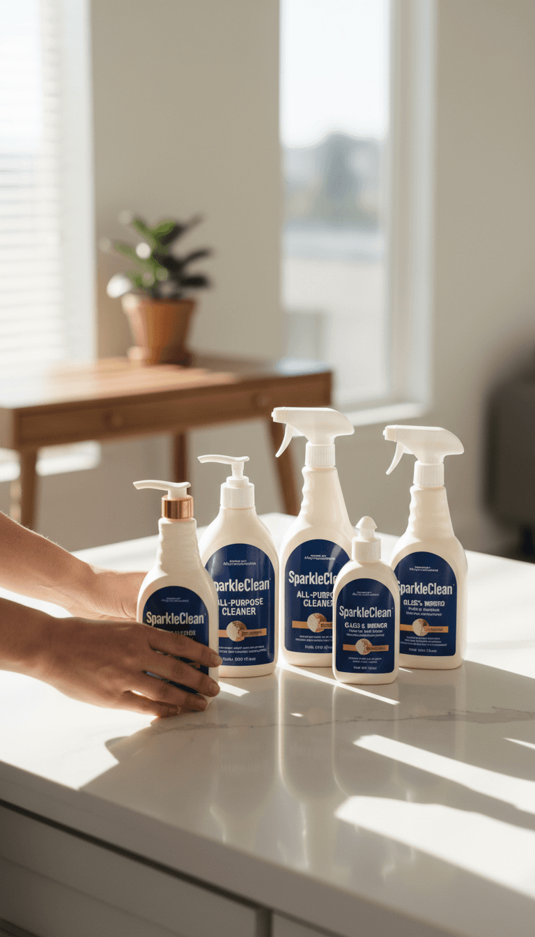 Professional SparkleClean cleaning products and supplies organized on a clean surface with natural lighting