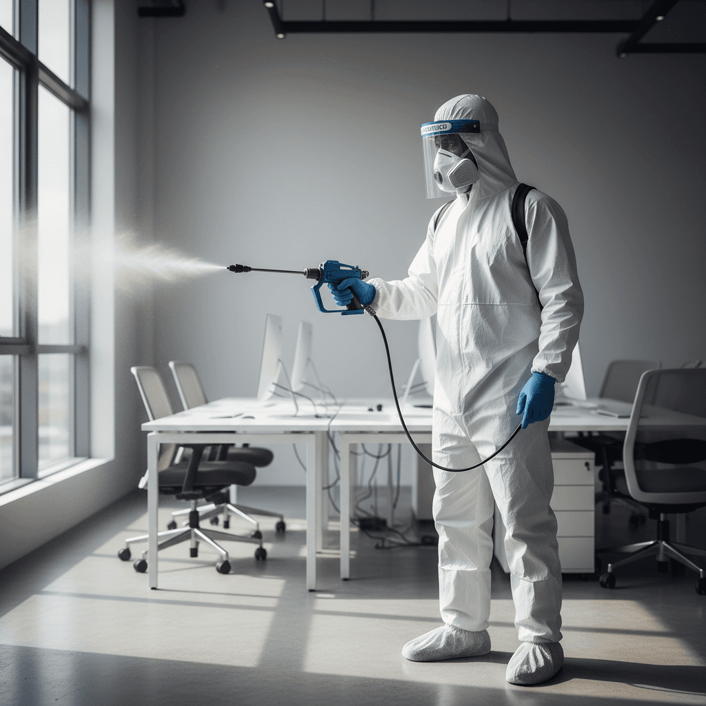 Sanitization specialist applying WHO-standard disinfectant in office environment