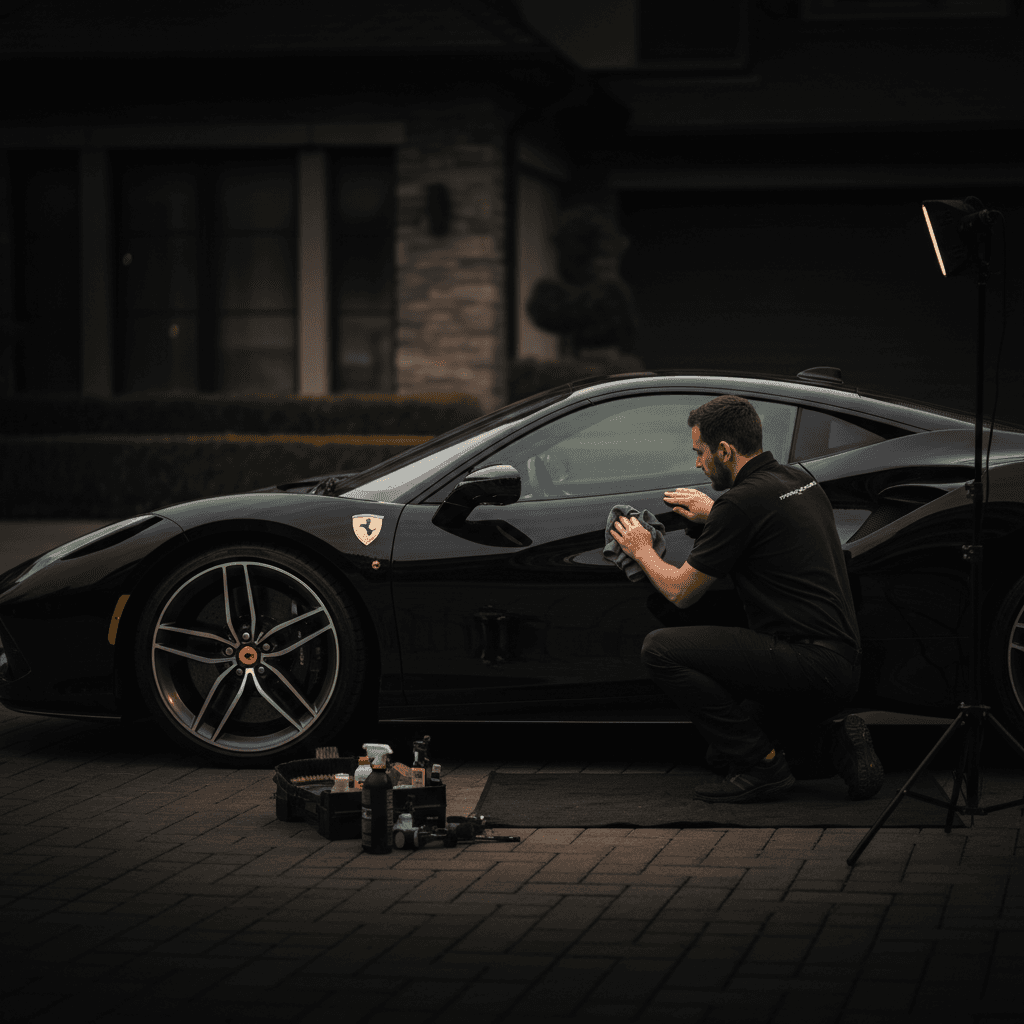 Professional car detailing at a residential location