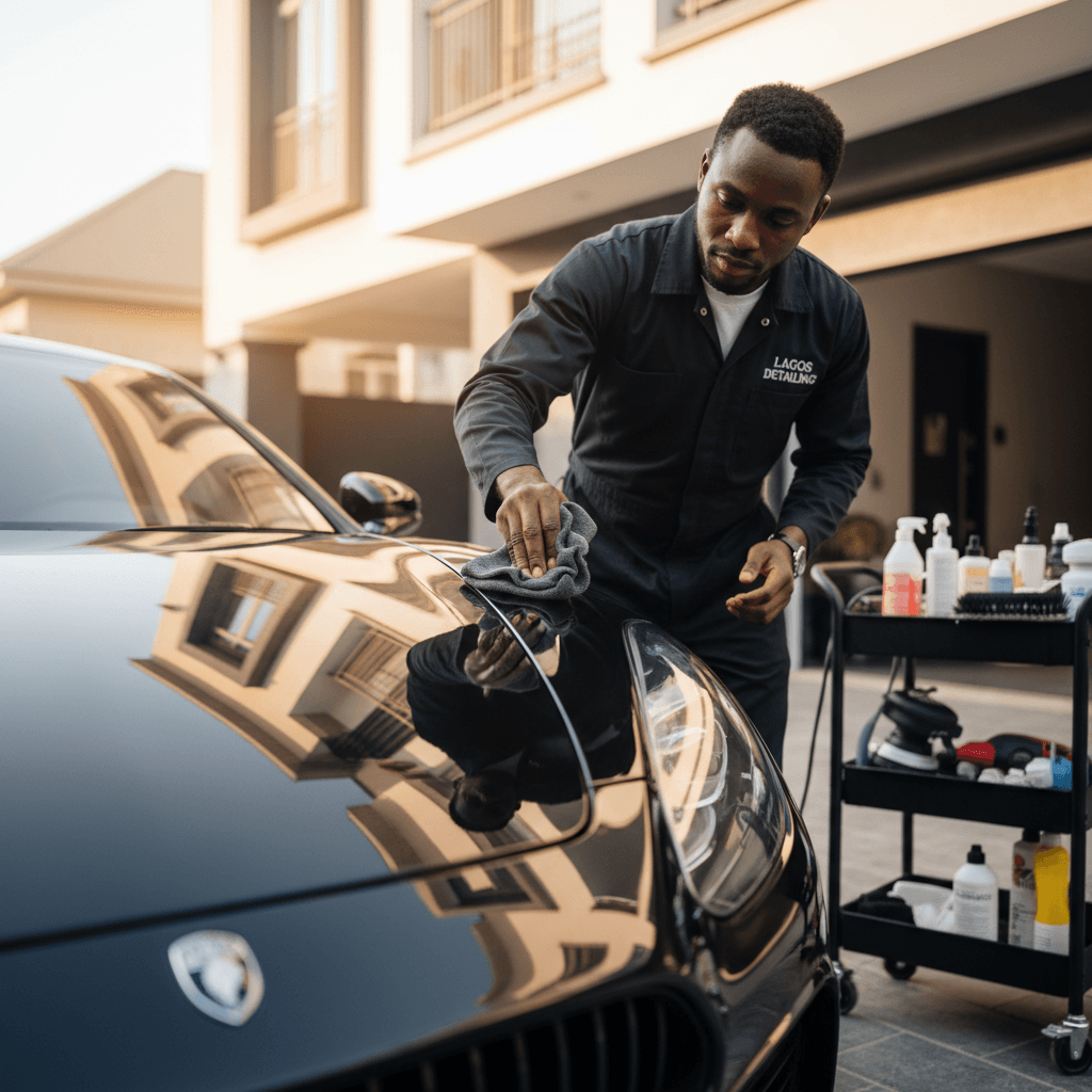 Professional detailer polishing vehicle exterior to premium finish
