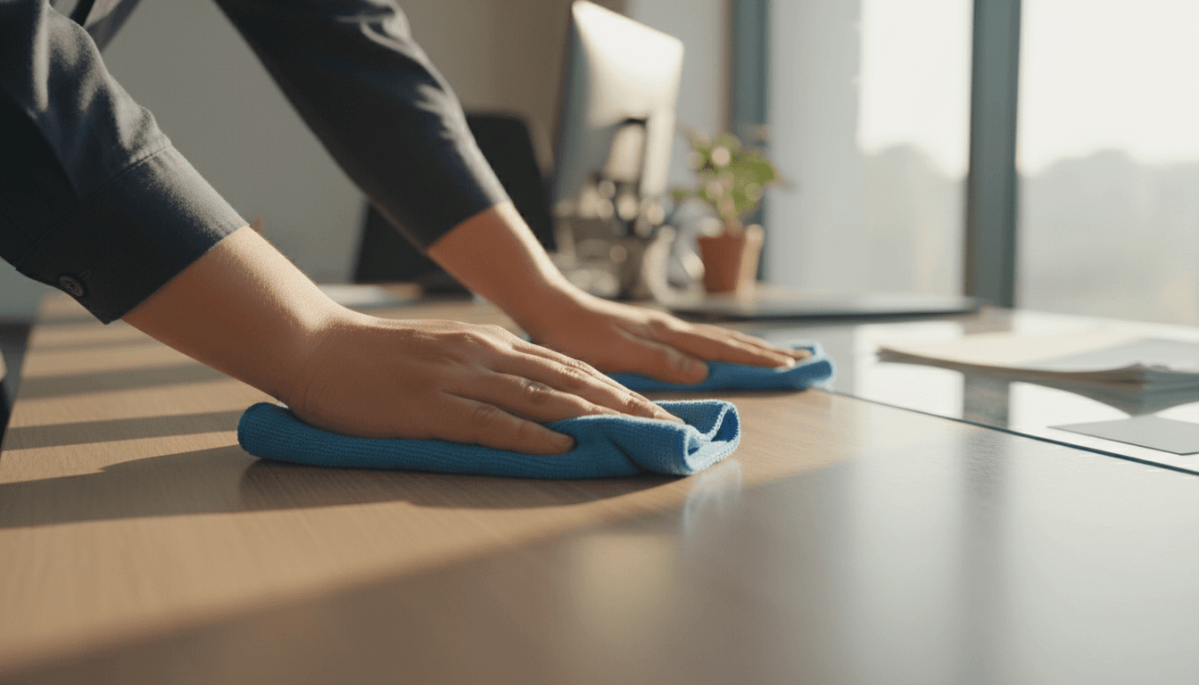 SparkleClean professional cleaning a workspace with careful attention to detail