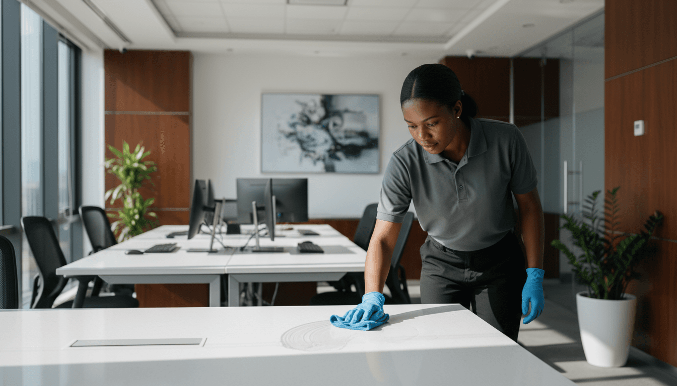 SparkleClean professional performing meticulous cleaning with natural daylight in a modern Lagos office
